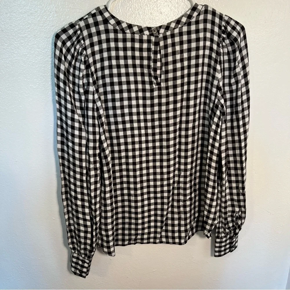 Loft Women's Size XS Blouse Long Puff Sleeve Black White Gingham Crewneck 552579